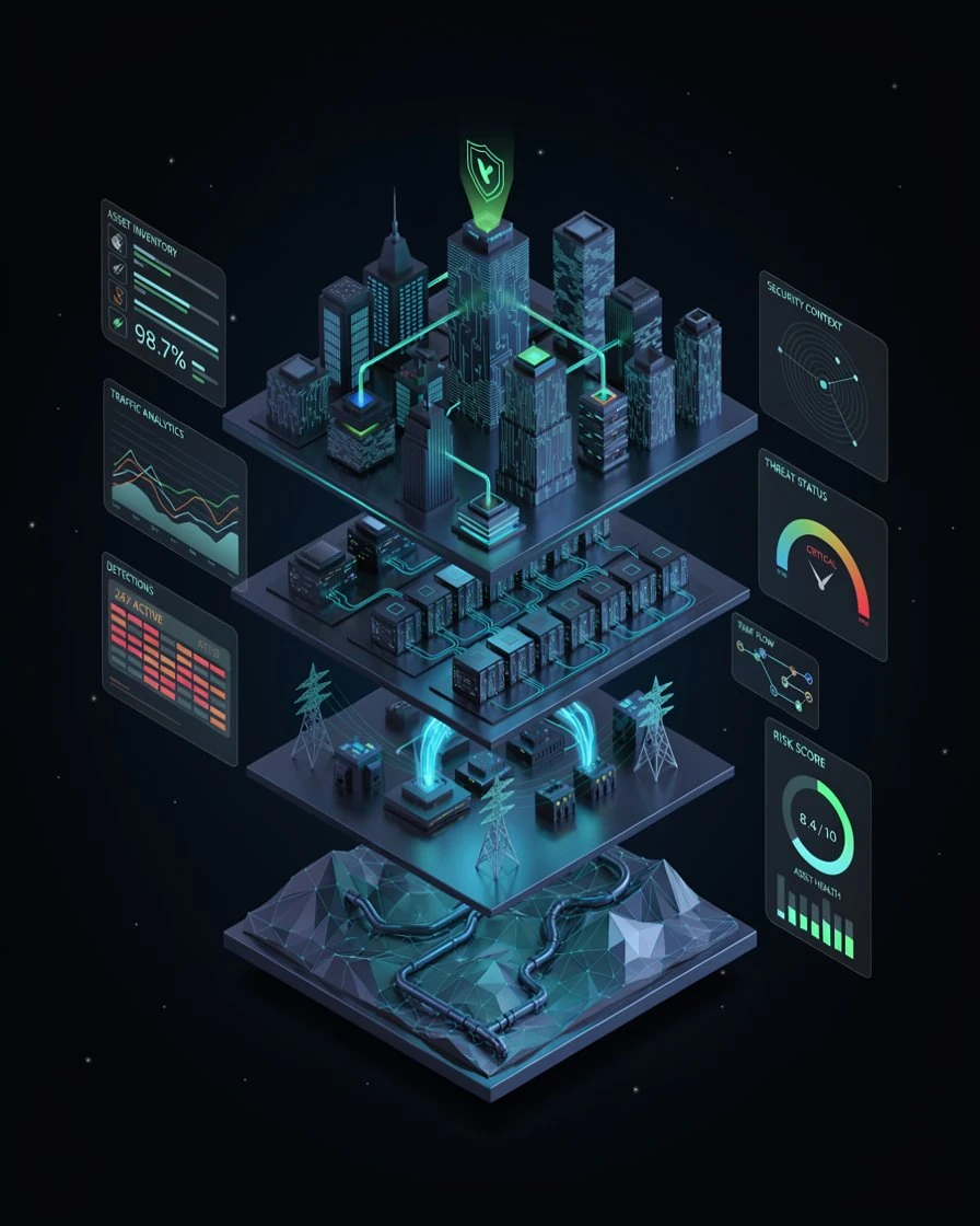 Isometric layered digital twin: security graph, services, infrastructure and terrain layers with live asset inventory, traffic analytics, detections, security context, threat status and risk score panels